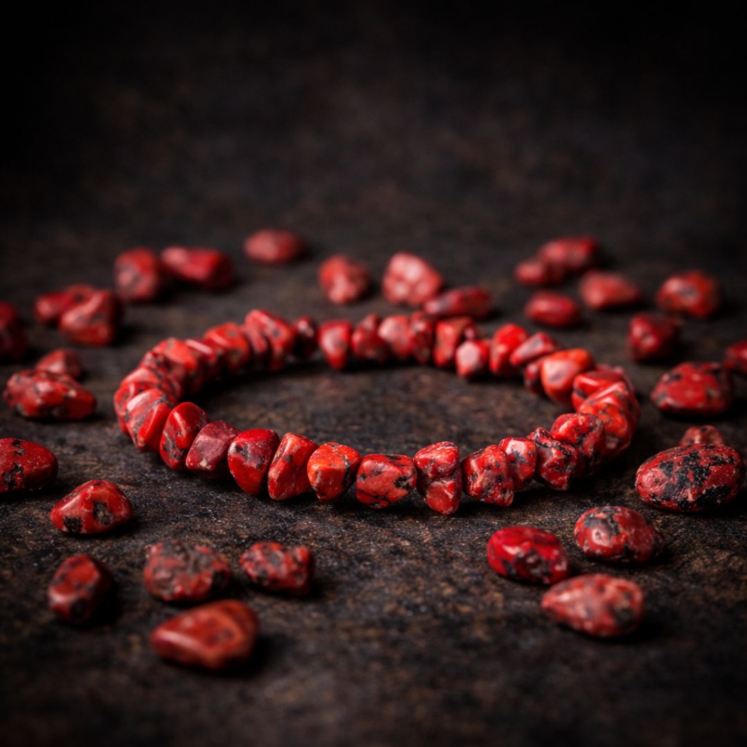 Titanový labret piercing s červeným tyrkysem, kamínek umístěný na piercingovém šperku.